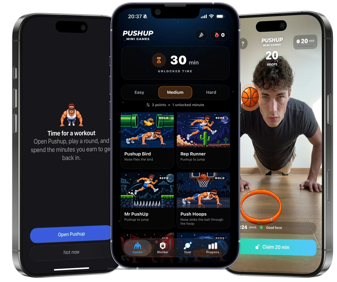 Pushup Mini Games on iPhone: blocked app shield, games list and Pushup Bird